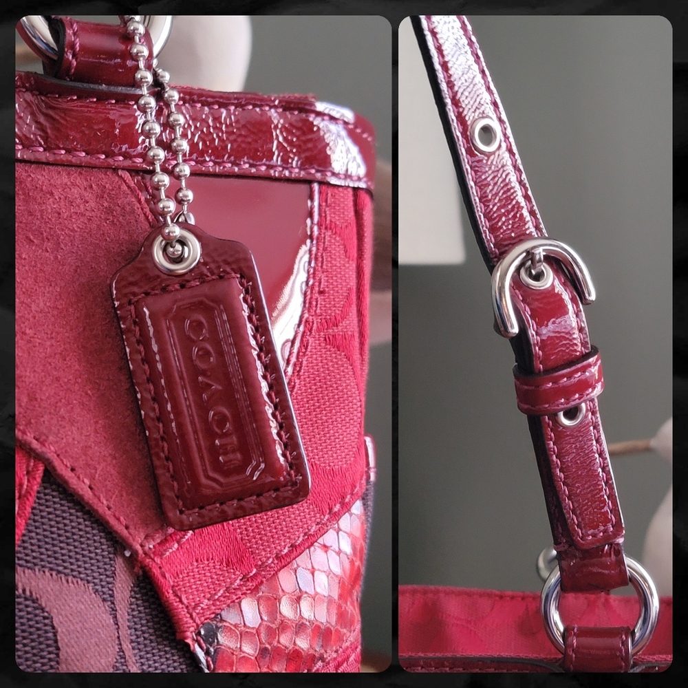 Coach F14004 Gallery Tote Red Leather Signature Jacquard Patchwork Mosaic Y2K - Picture 3 of 16